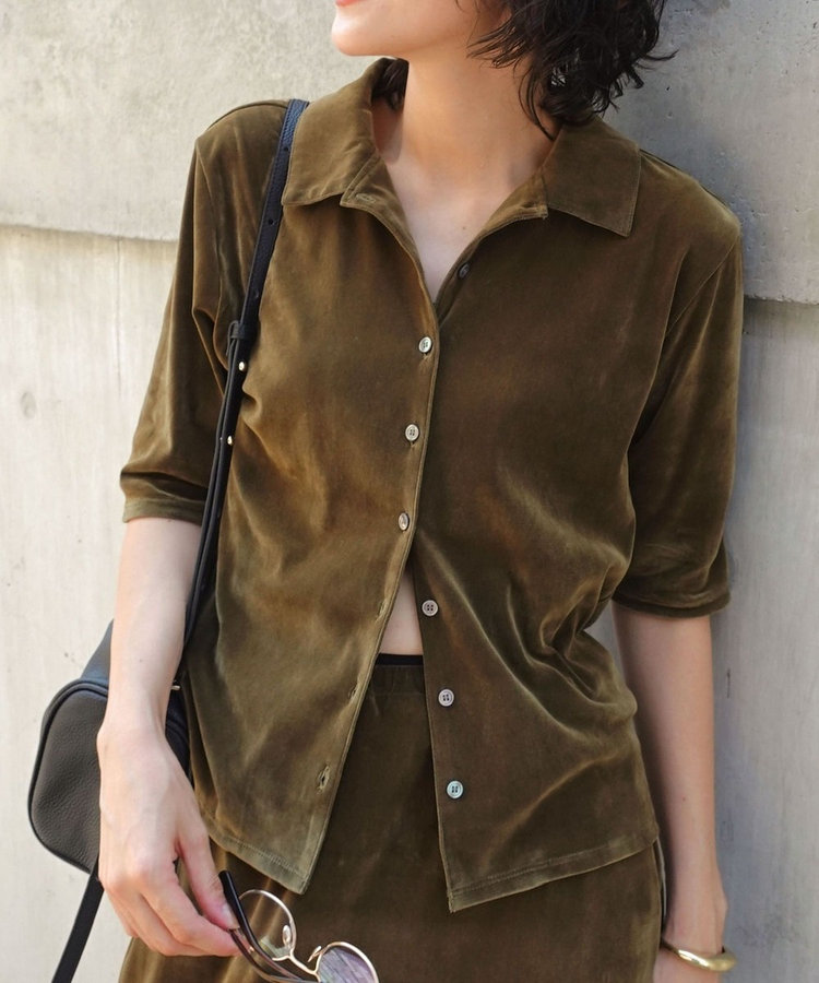 【MAQWEL/マクウェル】ウォッシャブルベロア半袖シャツ