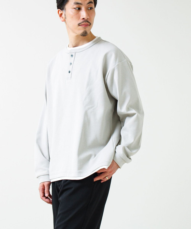 【1枚で完成する】杢ダンボール ヘンリーネックフェイクレイヤー ロンT