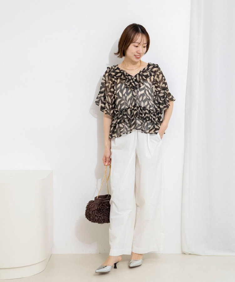 【Import Fabric】ウォッシャブル楊柳リーフ柄フリルブラウス