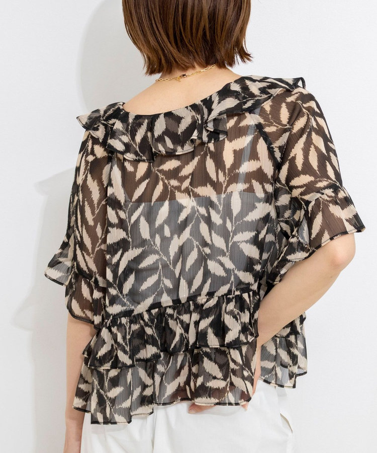 【Import Fabric】ウォッシャブル楊柳リーフ柄フリルブラウス