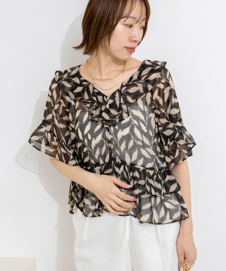 【Import Fabric】ウォッシャブル楊柳リーフ柄フリルブラウス