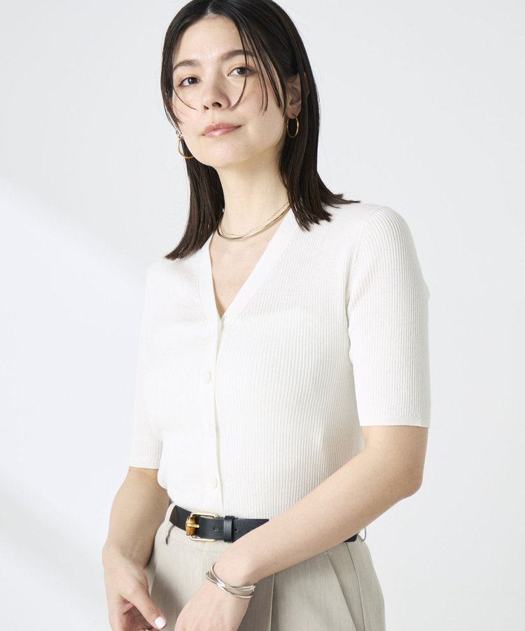 ［WEB限定 SPECIAL SALE！］《接触冷感》綿アセリブ半袖Vネックカーディガン