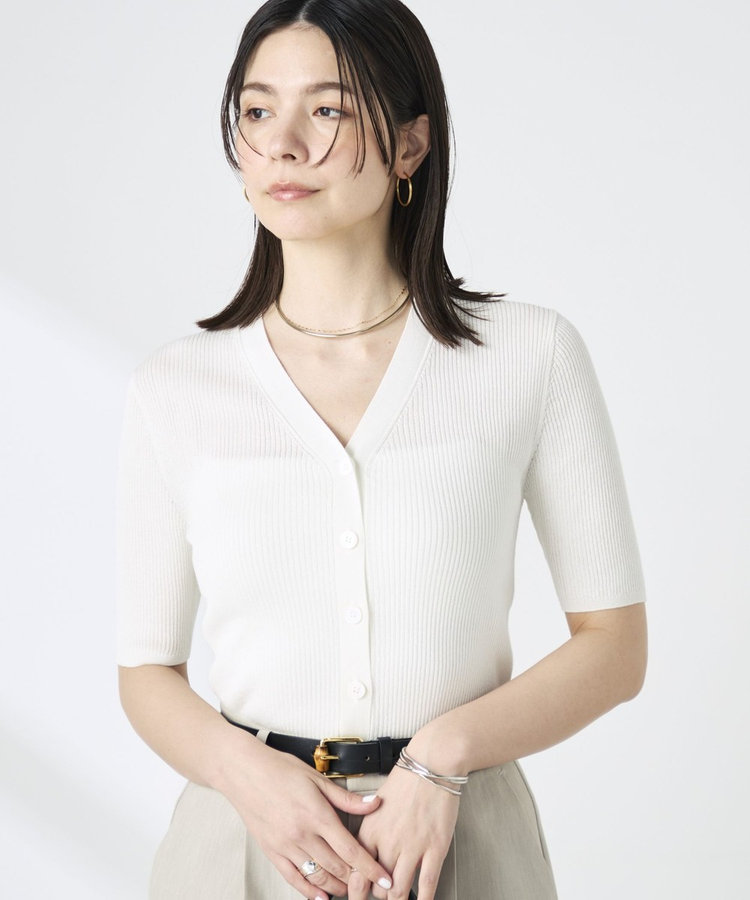 ［WEB限定 SPECIAL SALE！］《接触冷感》綿アセリブ半袖Vネックカーディガン