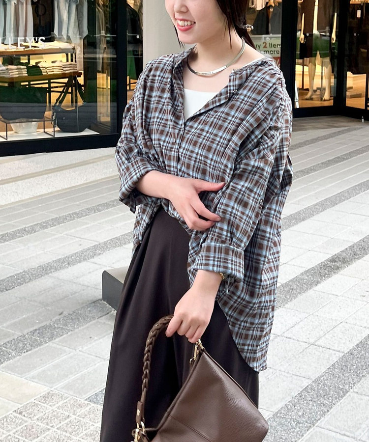 4WAYバンドカラーチェックギャザーシャツ