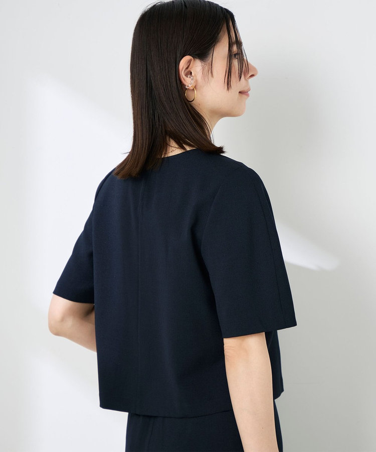 《セットアップ対応》ウォッシャブル麻調5分袖ブラウス