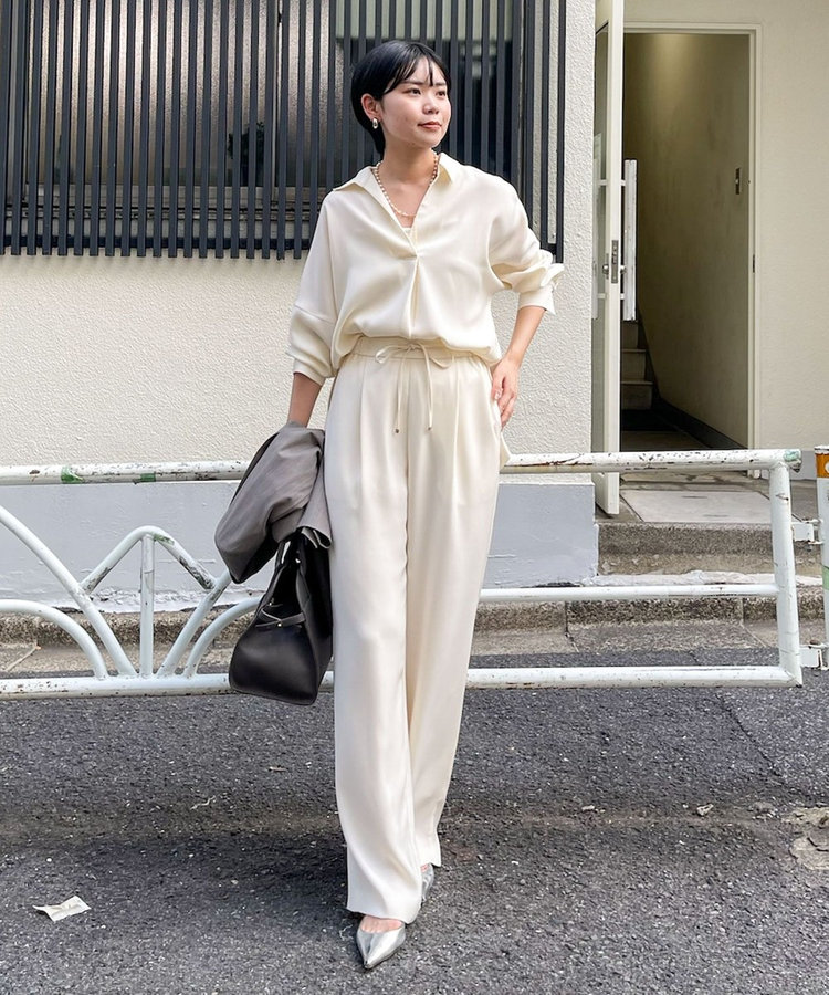 《セットアップ対応》ウォッシャブルダブルクロスサテンイージーワイドパンツ