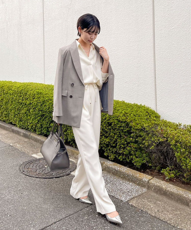 《セットアップ対応》ウォッシャブルダブルクロスサテンイージーワイドパンツ