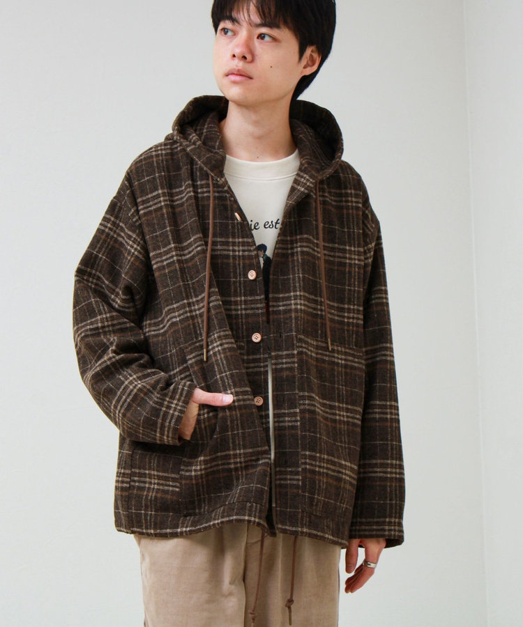 T/C起毛 チェックフーデッドシャツブルゾン