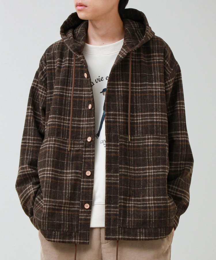 T/C起毛 チェックフーデッドシャツブルゾン