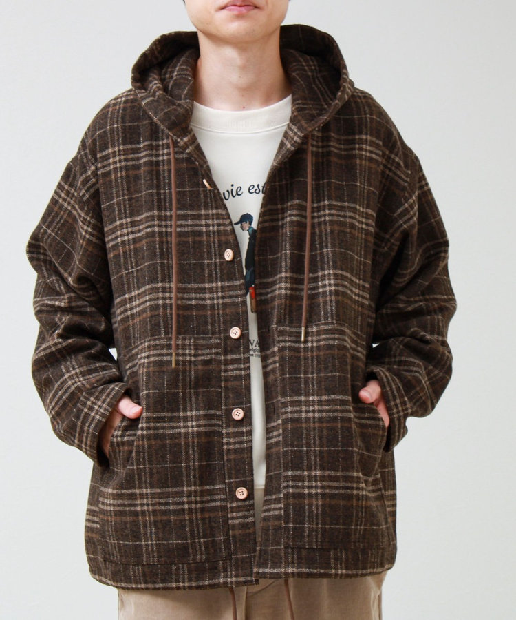 T/C起毛 チェックフーデッドシャツブルゾン