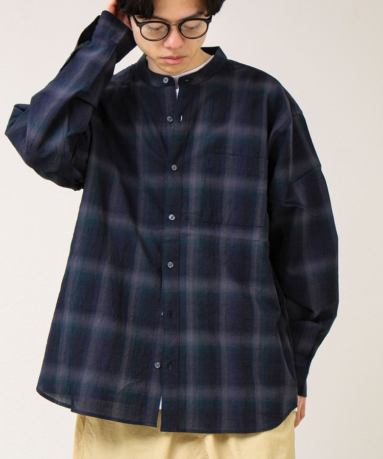 【夏まで使える】テクスチャーバンドカラーチェックシャツ