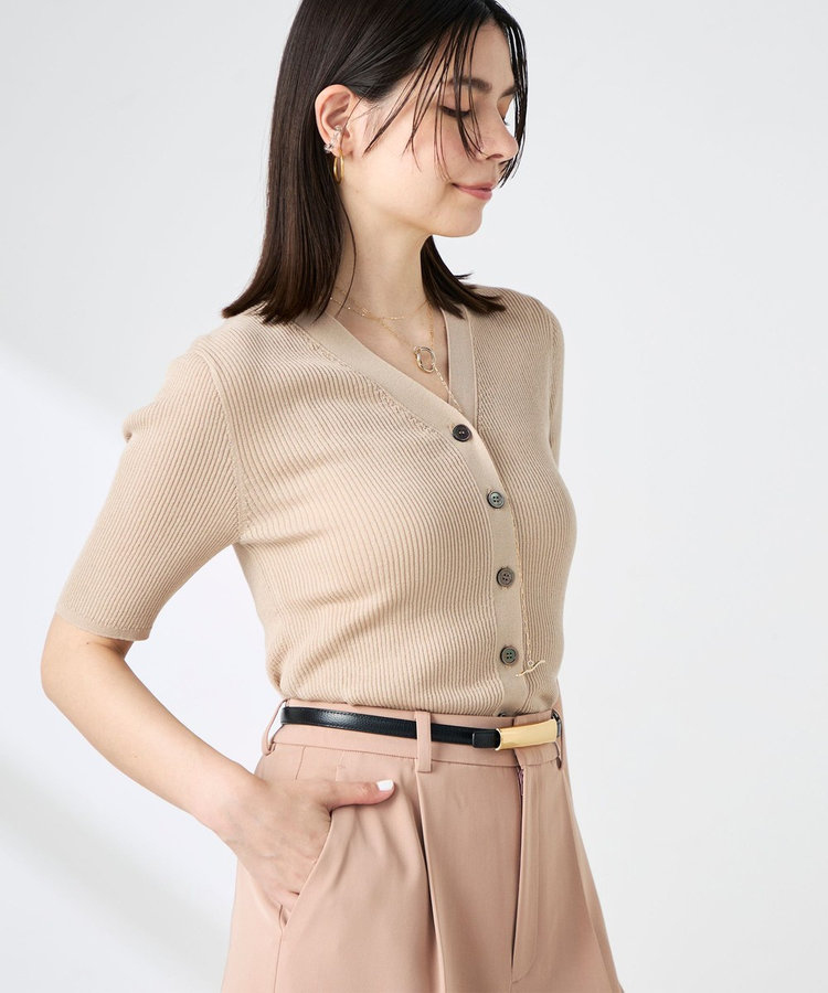 ［WEB限定 SPECIAL SALE！］《接触冷感》綿アセリブ半袖Vネックカーディガン