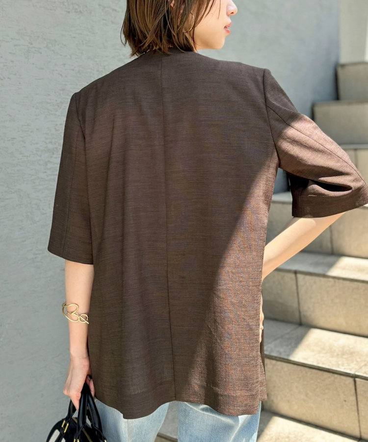 ウォッシャブルトリアセ混ノーカラー半袖ジャケット