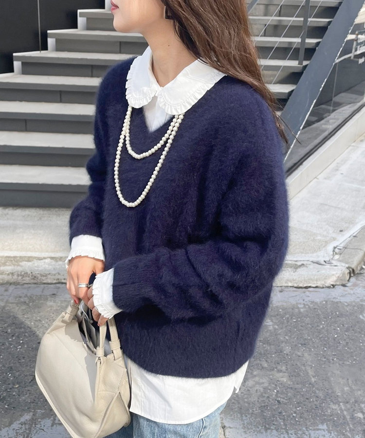 【美品】ELLIE エリー　トゲトゲニット　ネイビー ボートネックケーブルニット【洗濯機OK／抗ピル